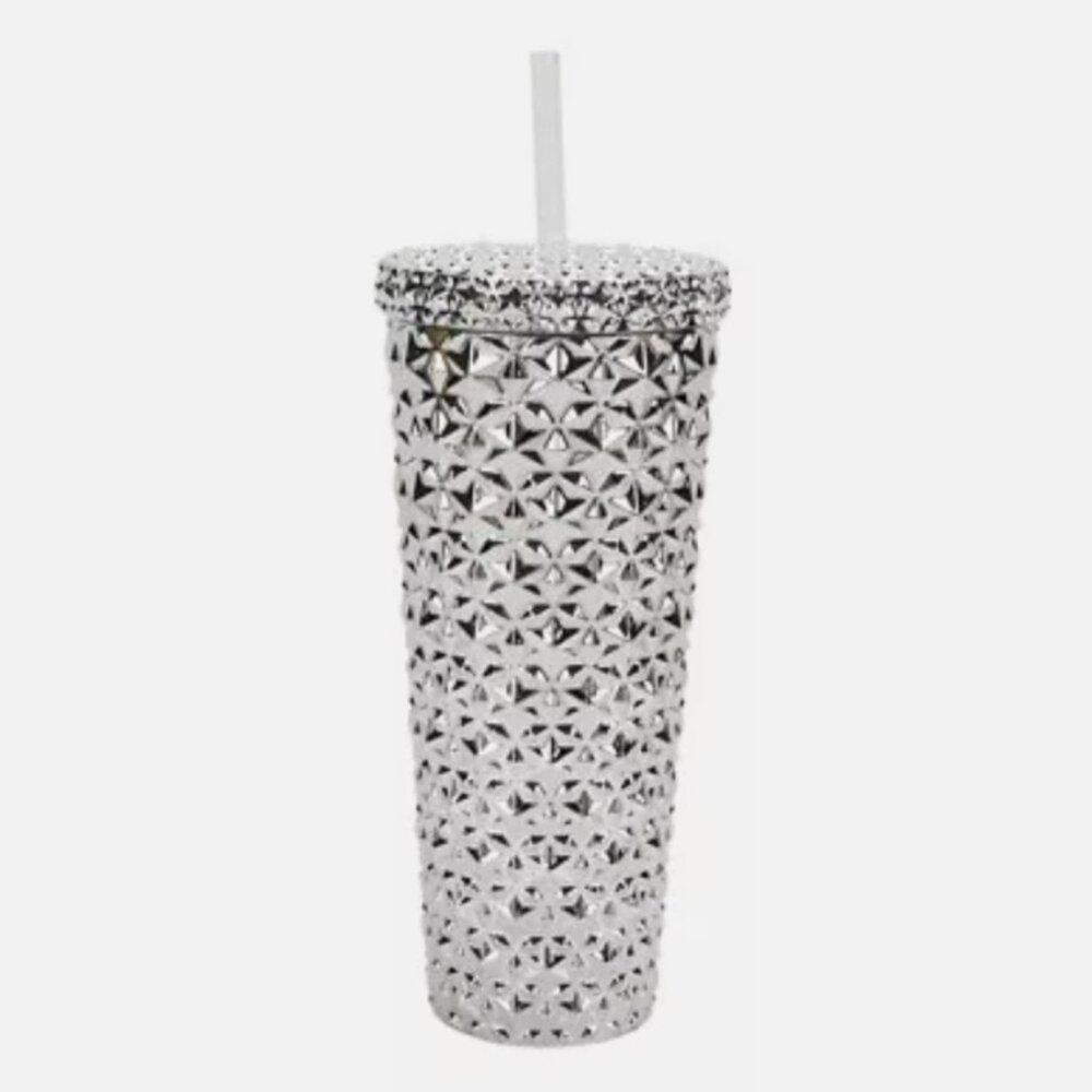 26 oz Plastic Double Wall Insulated Textured Tumbler with Straw, Silver Metallic